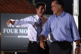 DAYTONA BEACH, FL - OCTOBER 19: Republican presidential candidate Mitt Romney (R) and Republican vice presidential candidate, U.S. Rep Paul Ryan (R-WI) greet supporters during a Victory Rally at the Daytona Beach Bandshell on October 19, 2012 in Daytona Beach, Florida. Romney is in Florida over the weekend to prepare for the third and final debate with U.S. President Barack Obama. Justin Sullivan/Getty Images/AFP== FOR NEWSPAPERS, INTERNET, TELCOS & TELEVISION USE ONLY ==