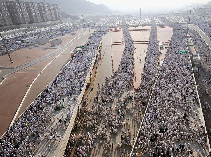 Thousands of Muslim pilgrims arrive to throw pebbles at pillars during the "Jamarat" ritual, the stoning of Satan, in Mina near the holy city of Mecca, on October 26, 2012. Pilgrims pelt pillars symbolising the devil with pebbles to show their defiance on the third day of the hajj as Muslims worldwide mark the Eid al-Adha or the Feast of the Sacrifice, marking the end of the hajj pilgrimage to Mecca and commemorating Abraham's willingness to sacrifice his son Ismail on God's command in the holy city of Mecca, . Over three million Muslims from around the world are expected to perform the upcoming Hajj or pilgrimage. AFP