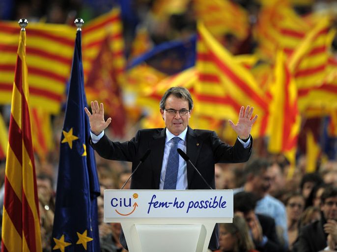 Artur Mas, current President of Catalonia and leader of the CiU (Catalan Convergence and Unity party), speaks during a final meeting for his re-election campaign on November 23, 2012, in Barcelona. Artur Mas is seeking re-election in the upcoming Catalonia regional elections on November 25 and promised voters a referendum on the 'independance' and 'auto-determination' of the region if he wins a new