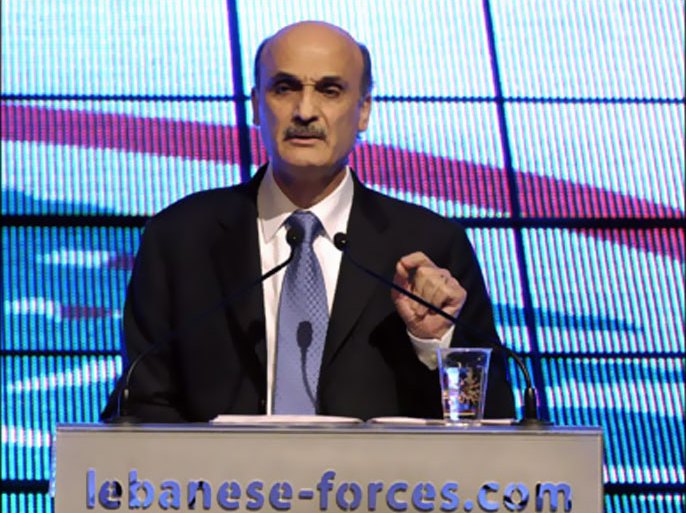 r : leader of lebanese forces party samir geagea speaks during a rally in beirut april 4, 2009. geagea announced the candidate list and programme for the upcoming general (رويترز)