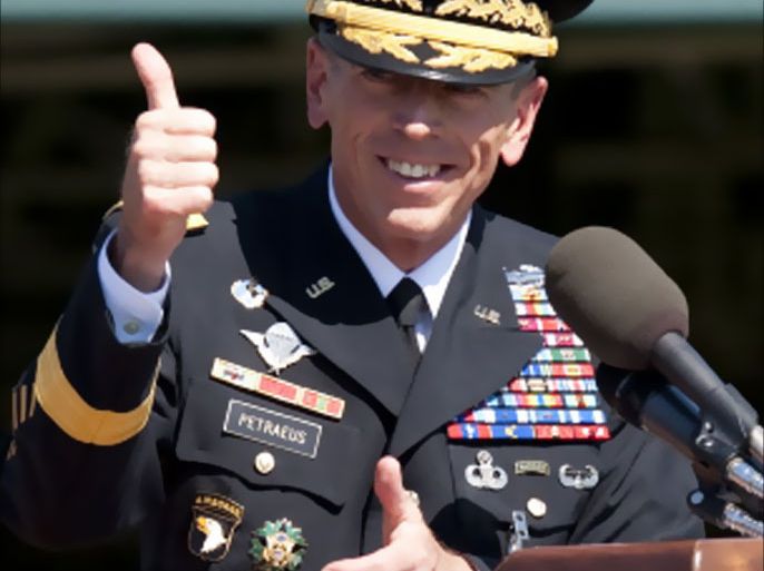US Army General David Petraeus gives a thumbs-up as he speaks during an Armed Forces Farewell Tribute and Retirement Ceremony in honor of Petraeus at Joint Base Myer-Henderson Hall in Arlington, Virginia, in this August 31, 2011 file photo. CIA Director David Petraeus resigned November 9, 2012 from his post, officials said, as US media said he stepped down because of an extramarital affair. "Dave's decision to step down represents the loss of one of our nation's most respected public servants," Director of National Intelligence James Clapper said in a statement. AFP PHOTO