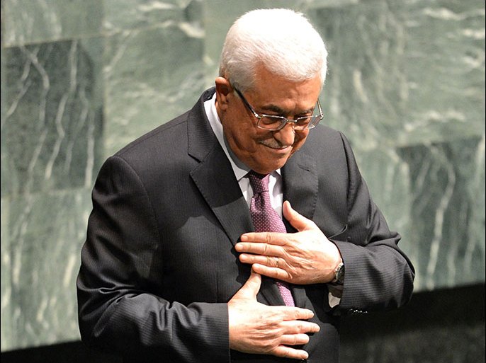 TOPSHOTS Palestinian Authority President Mahmoud Abbas after he spoke to the United Nations General Assembly before the body votes on a resolution to upgrade the status of the Palestinian Authority to a nonmember observer state November 29, 2012 at UN headquarters in New York. AFP PHOTO/Stan HONDA