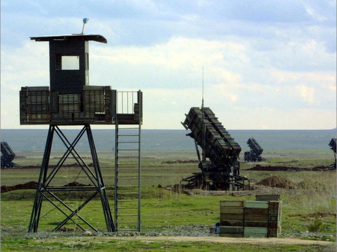 (FILES) A picture taken on March 11, 2003 shows Patriot anti-missile batteries installed at the Diyarbakir military airport in southeastern Turkey. NATO chief Anders Fogh Rasmussen on November 19, 2012 said the alliance would consider a request from Turkey to deploy Patriot anti-missile batteries along its border border with Syria "as a matter of urgency". AFP PHOTO MEHDI FEDOUACH