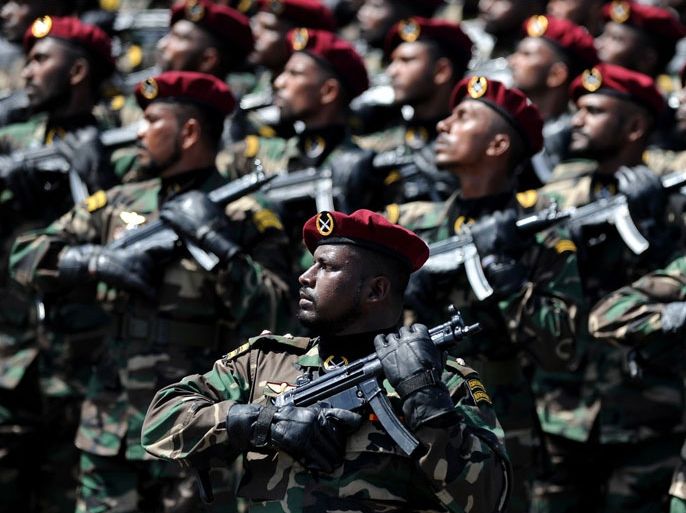 Sri Lankan army commandos march in a military parade during the victory day parade in Colombo on June 18, 2010. Sri Lanka staged a delayed military parade to mark the first anniversary of the end of its 37-year civil war, with pressure mounting for a probe into alleged crimes during the conflict. Rajapakse took the salute at the 'Victory Parade' attended by thousands of troops drawn from units that led the final assault against Tamil Tigers whose leadership was killed on May 18 last year.