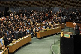 Mahmoud Abbas, President of the Palestinian Authority, gets a partial standing ovation after addressing the United Nations General Assembly before the body votes on a resolution to upgrade the status of the Palestinian Authority to a nonmember observer state November 29, 2012 at UN headquarters in New York. AFP PHOTO/Henny Ray Abrams