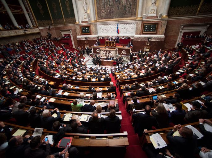 epa03426888 A view inside the French National Assembly in Paris 9 October 2012 as French parliamentarians prepare to vote on the European Budget Treaty . The Assembly overwhelmingly backed ratifying the European fiscal compact