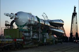 The Soyuz TMA-07M spaceship is transported to a launch pad at the Russian leased Kazakh Baikonur cosmodrome, on December 17, 2012. The launch of the of the next expedition to the International Space Station including Canadian astronaut Chris Hadfield, Russian cosmonaut Roman Romanenko and US astronaut Tom Marshburn, is scheduled on December 19. AFP PHOTO