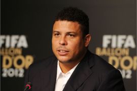 Former Brazilian football star player and member of the 2014 World Cup local organizing committee Ronaldo attends a press conference on November 29, 2012 in Sao Paulo, Brazil, to announce this year's FIFA Ballon d'Or trophy final contenders. Lionel Messi, Cristiano Ronaldo and Andres Iniesta were on Thursday shortlisted for this year's Ballon d'Or, football's world governing body FIFA and sponsors France Football magazine said. Barcelona forward Messi, 25, has already won the title three times and the Argentine is again favourite to win the prize, which will be presented in Zurich on January 7 after votes from journalists, national team captains and coaches. AFP PHOTO / Nelson ALMEIDA
