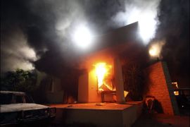 The U.S. Consulate in Benghazi is seen in flames during a protest by an armed group said to have been protesting a film being produced in the United States in this September 11, 2012 file photo. U.S. Secretary of State Hillary Clinton said December 19, 2012, she accepted the findings of an independent panel that faulted the State Department over the deadly September attack and had ordered widespread changes to bolster US. Diplomatic security overseas. REUTERS/Esam Al-Fetori/Files (LIBYA - Tags: POLITICS CIVIL UNREST)