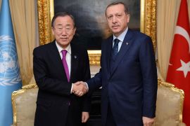 This handout photo released by the Prime Minister Press Office shows UN chief Ban Ki-moon (L) shaking hands with Turkish Prime Minister Recep Tayyip Erdogan during their meeting in Ankara, on December 7, 2012. AFP PHOTO/KAYHAN OZER / PRIME MINISTER PRESS OFFICE
