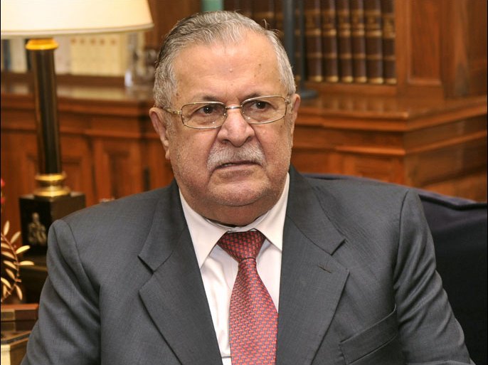 TO GO WITH AFP STORY BY W.G. DUNLOP FILES) A picture taken on March 18, 2011 shows Iraqi President Jalal Talabani during a meeting at the Presidential Mansion in Athens during a visit to Greece. With Talabani being treated in Germany after a stroke, Iraq is without a key mediator as a new political crisis brews between the secular Sunni-backed Iraqiya bloc and the Shiite premier. AFP PHOTO / LOUISA GOULIAMAKI - جلال طالباني