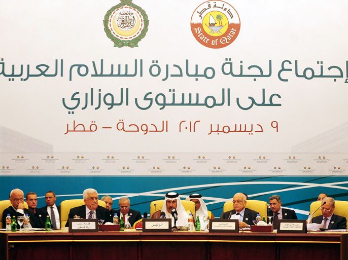 epa03502723 (L to R) Palestinian peace negotiator Saeb Erakat, Palestinian President Mahmoud Abbas, Qatari Premier and Foreign Minister Sheikh Hamad bin Jassem al-Thani, Arab League Secretary General Nabil al-Arabi and Arab League's deputy secretary general Ahmed Bin Hilli attend the ministerial meeting of the Arab Peace Initiative Committee in Doha, Qatar, 09 December 2012. The meeting will focus on the Arab position regarding the peace process and the Palestinian reconciliation. EPA/STR