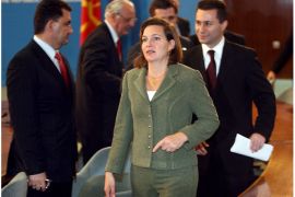 epa01167682 U.S. Permanent Representative to the North Atlantic Council ,Victoria Nuland (C) leaves the press conference followed by Macedonian Prime minister Nikola Gruevski (R) in Skopje, Macedonia, on 08 November 2007. US Permanent Representative to the North Atlantic Council ,Victoria Nuland arrived on one-day work visit to talk with Macedonian top officials about their aspiration of joining the NATO alliance. EPA/GEORGI LICOVSKI