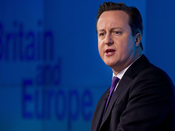 British Prime Minister David Cameron delivers a speech on 'the future of the European Union and Britain's role within it', in central London, on January 23, 2013. Cameron on Wednesday promised to hold a referendum by 2017 giving British people the choice of staying in or leaving the European Union if his party wins the next election. AFP PHOTO / BEN STANSALL