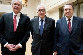 The Joint Special Representative for Syria Lakhdar Brahimi (C) stands with Russian Deputy Foreign Minister Mikhail Bogdanov (R) and United States Deputy Secretary of State William Burns as they meet at the United Nations European headquarters in Geneva January 11, 2013. The meeting is aimed at furthering their discussions to arrive at a political solution to the crisis in Syria. REUTERS/UN Photo/Jean-Marc Ferre/Handout (SWITZERLAND - Tags: POLITICS) THIS IMAGE HAS BEEN SUPPLIED BY A THIRD PARTY. IT IS DISTRIBUTED, EXACTLY AS RECEIVED BY REUTERS, AS A SERVICE TO CLIENTS. FOR EDITORIAL USE ONLY. NOT FOR SALE FOR MARKETING OR ADVERTISING CAMPAIGNS