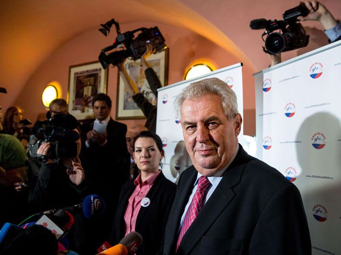 CZECH REPUBLIC : Former Czech Prime Minister and presidential candidate Milos Zeman talks to journalists on January 12, 2013 in his headquarters in Prague. Leftist ex-premier Milos Zeman and Foreign Minister Karel Schwarzenberg will face off in the January 25-26