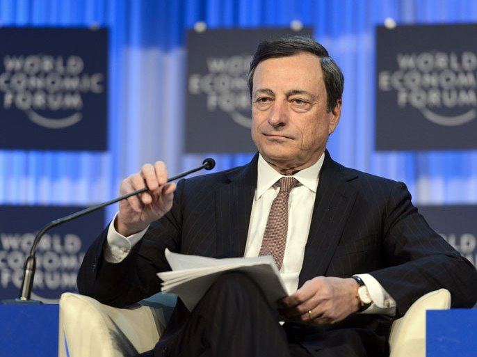 epa03554500 Italian Mario Draghi, President of the European Central Bank (ECB), speaks during a panel session at the 43rd Annual Meeting of the World Economic Forum (WEF) in Davos, Switzerland, 25 January 2013. The overarching theme of the meeting, which will take place from 23 to 27 January, is 'Resilient Dynamism'. EPA/LAURENT GILLIERON