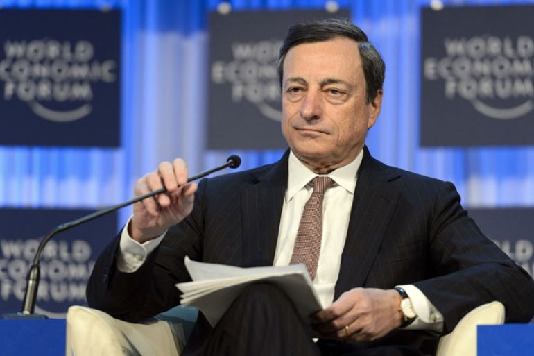 epa03554500 Italian Mario Draghi, President of the European Central Bank (ECB), speaks during a panel session at the 43rd Annual Meeting of the World Economic Forum (WEF) in Davos, Switzerland, 25 January 2013. The overarching theme of the meeting, which will take place from 23 to 27 January, is 'Resilient Dynamism'. EPA/LAURENT GILLIERON