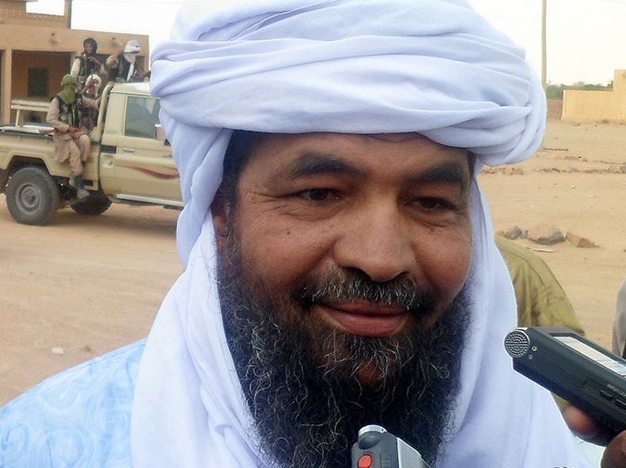 (FILES) -- A file photo taken on August 7, 2012 shows Ansar Dine Islamist group leader Iyad Ag Ghaly, answering journalists' questions at Kidal airport, northern Mali. Mali's president appealed for international help on January 10, 2013 after Islamists who control the north of the country seized a town in the centre and threatened to march south. While the UN Security Council met for an emergency session in New York to discuss the crisis, witnesses told AFP that foreign troops and weapons had already begun arriving by transport plane Thursday to bolster government forces in central Mali. AFP PHOTO / ROMARIC OLLO HIEN