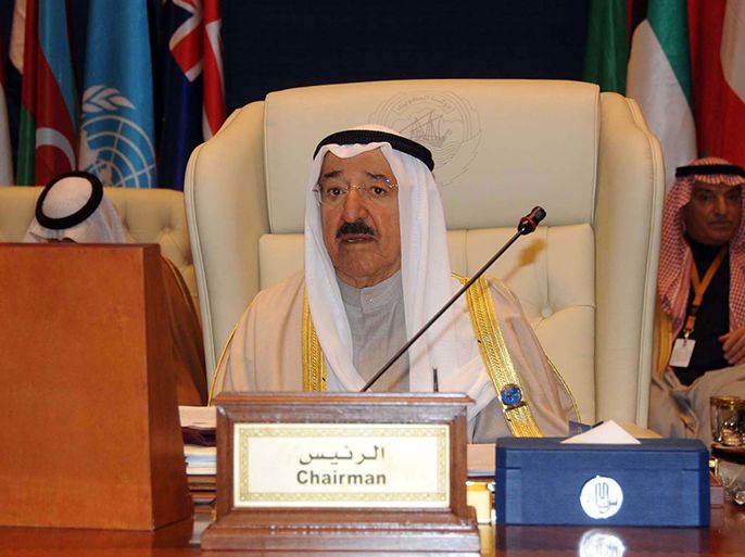 The Emir of Kuwait Sheikh Sabah al-Ahmad al-Jaber al-Sabah speaks during the opening ceremony of the International Humanitarian Pledging Conference for Syria at Bayan palace in Kuwait City on January 30, 2013. Kuwait kicked off the international donors conference for civilians caught up in the Syrian conflict with a pledge of $300 million, as UN chief Ban Ki-moon warned of a "catastrophic" situation. AFP PHOTO/STR