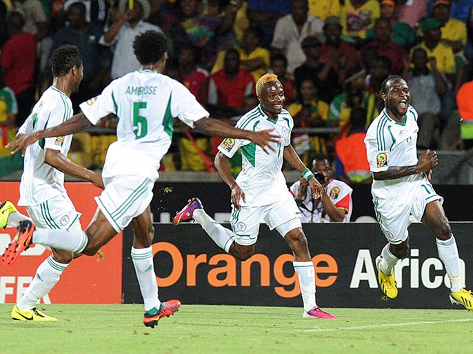 Nigeria midfielder Victor Moses (R) celebrates after scoring against Ethiopia on January 29, 2013 during a 2013 African Cup of Nations Group C football match at the Royal Bafokeng stadium in Rustenburg. AFP PHOTO / ALEXANDER JOE