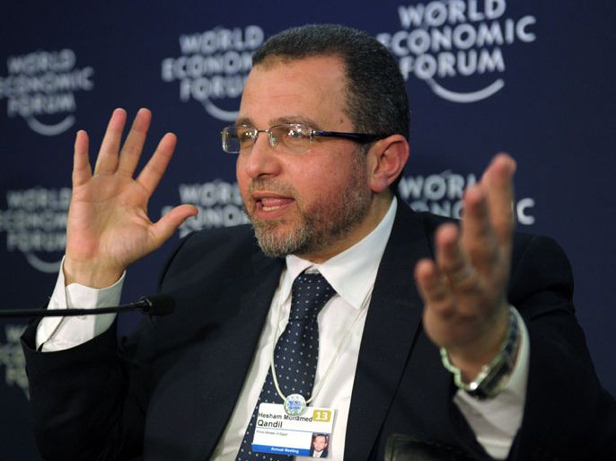 : Egyptian Prime Minister Hisham Qandil talks during a press conference at the congress center during the World Economic Forum in Davos on January 24, 2013. The meeting gathers some of the world's leading politicians and economists and is viewed as a global think tank forum. AFP PHOTO