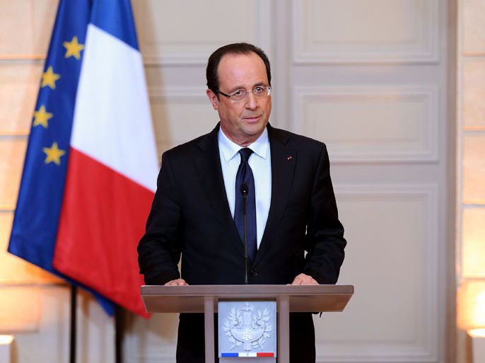 France's President Francois Hollande delivers a statment on the situation in Mali at the Elysee Palace in Paris, on January 11, 2013. French troops are actively supporting an offensive by Mali government forces against Islamists who control the north of the country, President Francois Hollande announced