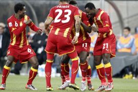 Players of Ghana celebrate after scoring the 1-0 lead during the FIFA World Cup 2010 quarter final match between Uruguay and Ghana at the Soccer City stadium outside Johannesburg, South Africa, 02 July 2010. EPA/KERIM OKTEN Please refer to www.epa.eu/downloads/FIFA-WorldCup2010-Terms-and-Conditions.pdf