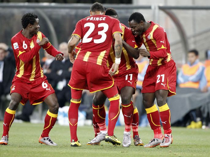 Players of Ghana celebrate after scoring the 1-0 lead during the FIFA World Cup 2010 quarter final match between Uruguay and Ghana at the Soccer City stadium outside Johannesburg, South Africa, 02 July 2010. EPA/KERIM OKTEN Please refer to www.epa.eu/downloads/FIFA-WorldCup2010-Terms-and-Conditions.pdf