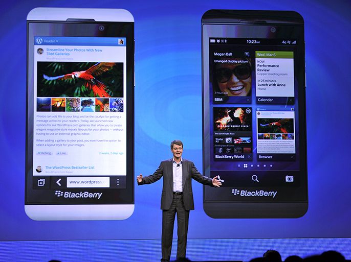 Blackberry, formerly Research in Motion CEO Thorsten Heins, as officially unveils the BlackBerry 10 mobile platform as well as two new devices January 30, 2013 at the New York City Launch at Pier 36. BlackBerry launched its comeback effort Wednesday with a revamped platform and a pair of sleek new handsets, along with a company name change as part of a move to reinvent the smartphone maker. Canadian-based Research in Motion said it had changed its name to BlackBerry as it launched the BlackBerry 10, the new platform aimed at helping the firm regain traction in a market now dominated by rivals. AFP PHOTO / TIMOTHY A. CLARY