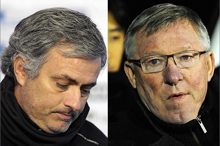 Manchester United manager Sir Alex Ferguson + Real Madrid´s Portuguese coach Jose Mourinho