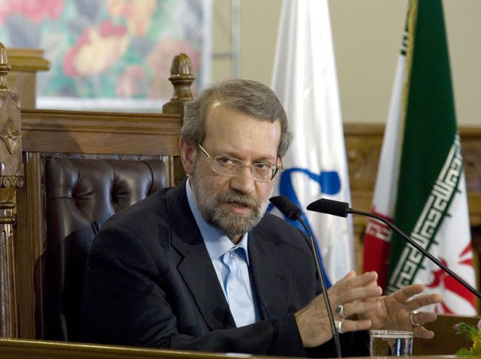 epa02081741 Iranian Parliament Speaker Ali Larijani speak during a press conference in Tehran, Iran, on 16 March 2010. Iran called on the West on 16 March2010 to pursue talks rather than threats in the row over the Islamic state’s controversial nuclear programmes. 'The logical option would be holding negotiations and if any criticism, raising this within the framework of talks,' Larijani said in a press conference in Tehran. EPA/ABEDIN TAHERKENAREH