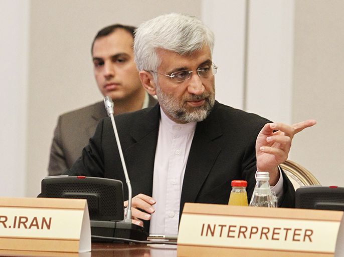 Iran's top nuclear negotiator Saeed Jalili speaks during the talks on Iran's nuclear programme in the Kazakh city of Almaty on February 27, 2013. World powers and Iran were due to respond today to offers presented by both sides in a final day of talks aimed at breaking a decade of deadlock over Tehran's nuclear drive. AFP PHOTO / POOL / SHAMIL ZHUMATOV