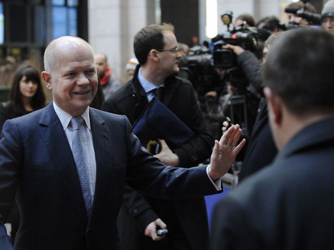 British Foreign Secretary of State for Foreign and Commonwealth Affairs, William Hague arrives before a Foreign Affairs Council at the EU Headquarters in Brussels on February 18, 2013. European foreign ministers discuss renewing sanctions on Syria and the possibly of lifting an arms embargo. Talks will also focus on the Mali crisis and Zimbabwe