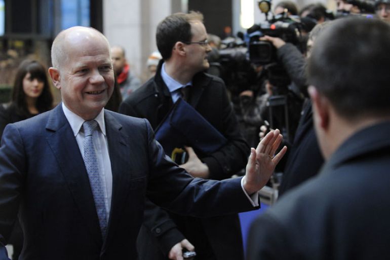 British Foreign Secretary of State for Foreign and Commonwealth Affairs, William Hague arrives before a Foreign Affairs Council at the EU Headquarters in Brussels on February 18, 2013. European foreign ministers discuss renewing sanctions on Syria and the possibly of lifting an arms embargo. Talks will also focus on the Mali crisis and Zimbabwe