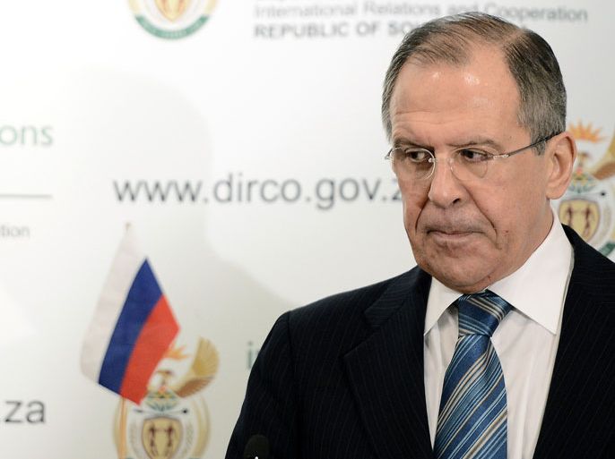 SDS4629 - Pretoria, -, SOUTH AFRICA : Russian Foreign Minister Sergei Lavrov gives a press conference on February 12, 2013 in Pretoria. Lavrov said he expected the UN Security Council to agree on "an adequate response" to North Korea's controversial nuclear test. World powers have voiced a chorus of condemnation after the reclusive communist state carried out a third nuclear test in defiance of stark international warnings. AFP PHOTO / STEPHANE DE SAKUTIN