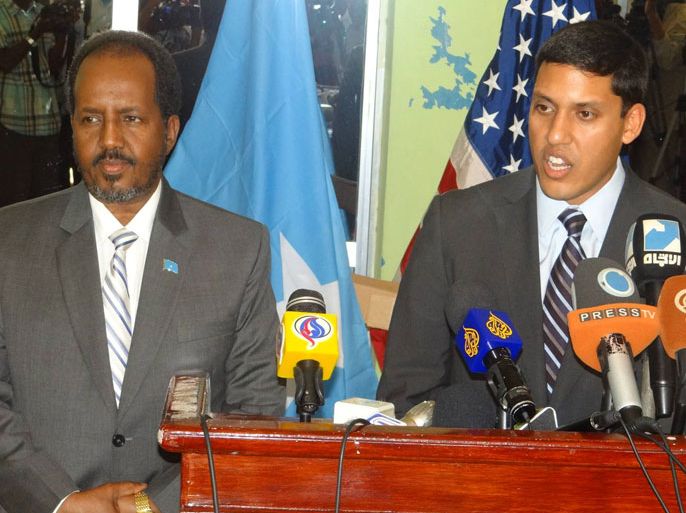 المؤتمر الصحفي المشترك بين الرئيس الصومالي حسن الشيخ محمود ومدير الوكالة الأمريكية للتنمية الدولية راجيف شاه