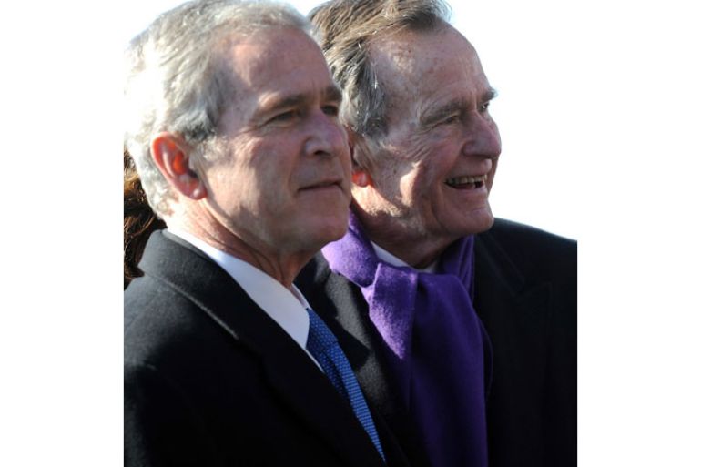 TGS013 - Norfolk, Virginia, UNITED STATES : (FILES)US President George W. Bush (L) and his father, former US president George H.W. Bush, participate in the Commissioning Ceremony of the USS George H.W. Bush, a Nimitz Class nuclear aircraft carrier, in this January 10, 2009 photo at the Naval Station Norfolk, Virginia. A criminal inquiry was launched on February 8, 2013 into how a hacker appeared to breach email accounts belonging to former presidents George H.W. Bush and George W. Bush, as well as other members of their family. "There's a criminal investigation under way," Jim McGrath, a spokesman for the elder ex-president Bush, who is now aged 88 and was recently hospitalized, told AFP, following reports that private communications had been accessed. "I can't get into the specifics," McGrath added. AFP PHOTO / TIM SLOAN