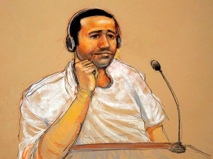 In this sketch approved by the military by court artist Janet Hamlin, and obtained by Reuters on November 9, 2011, Abd Al Rahim Hussayn Muhammad al-Nashiri watches courtroom proceedings. Pretrial hearings for al-Nashiri, accused of orchestrating a deadly attack on a U.S. warship, were brought to a temporary standstill on Monday as defense lawyers raised concerns that intelligence agents were eavesdropping on confidential attorney-client conversations. REUTERS/Janet Hamlin/Handout/Files (UNITED STATES - Tags: MILITARY CRIME LAW) FOR EDITORIAL USE ONLY. NOT FOR SALE FOR MARKETING OR ADVERTISING CAMPAIGNS. THIS IMAGE HAS BEEN SUPPLIED BY A THIRD PARTY. IT IS DISTRIBUTED, EXACTLY AS RECEIVED BY REUTERS, AS A SERVICE TO CLIENTS - RTR2TSOR