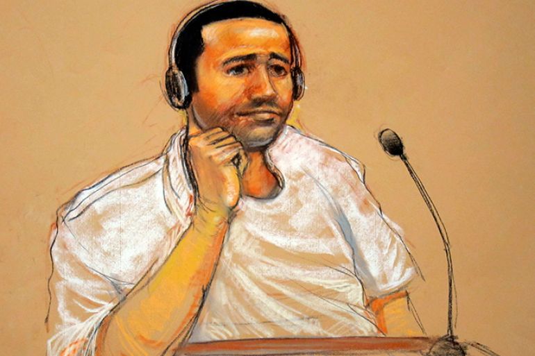 In this sketch approved by the military by court artist Janet Hamlin, and obtained by Reuters on November 9, 2011, Abd Al Rahim Hussayn Muhammad al-Nashiri watches courtroom proceedings. Pretrial hearings for al-Nashiri, accused of orchestrating a deadly attack on a U.S. warship, were brought to a temporary standstill on Monday as defense lawyers raised concerns that intelligence agents were eavesdropping on confidential attorney-client conversations. REUTERS/Janet Hamlin/Handout/Files (UNITED STATES - Tags: MILITARY CRIME LAW) FOR EDITORIAL USE ONLY. NOT FOR SALE FOR MARKETING OR ADVERTISING CAMPAIGNS. THIS IMAGE HAS BEEN SUPPLIED BY A THIRD PARTY. IT IS DISTRIBUTED, EXACTLY AS RECEIVED BY REUTERS, AS A SERVICE TO CLIENTS - RTR2TSOR