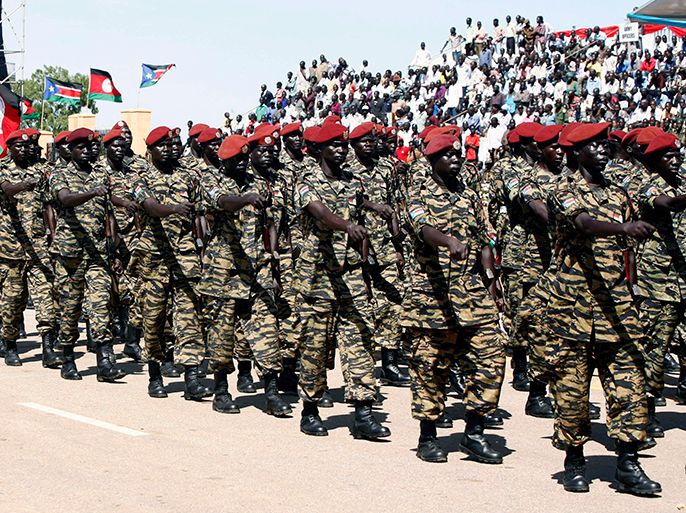 epa03221584 South Sudanese soldiers march during a parade to celebrate the 29th anniversary of founding the Sudan People's Liberation Army (SPLA), in Juba, South Sudan, 16 May 2012. The SPLA was formed in May 1983 as a rebel movement and army. Following the independence of South Sudan from its northern neighbor Sudan in 2011, the SPLA became the national military force of the Republic of South Sudan. EPA/PHILIP DHIL