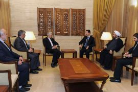 Syria's President Bashar al-Assad (center R) meets Iran's Supreme National Security Council Secretary Saeed Jalili (center L) and his delegation in Damascus February 3, 2013, in this handout photograph released by Syria's national news agency SANA. REUTERS/Sana (SYRIA - Tags: CIVIL UNREST POLITICS)