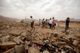 Tribesmen on the rubble of a building destroyed on Sunday in an American drone strike against suspected militants in Shabwa Province in southeastern Yemen.reuters