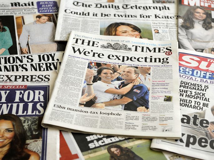 epa03495827 British newspapers shower their front pages with the news of Catherine, the Duchess of Cambridge's pregnancy in London, Britain, 04 December 2012. Britain's Prince William and Catherine are expecting their first child it was revealed 03 December 2012, after the Duchess was admitted to hospital for acute morning sickness. EPA/ANDY RAIN