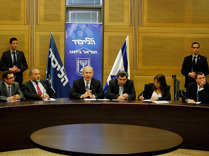 Israeli Prime Minister Benjamin Netanyahu chairs the Likud-Beiteinu faction meeting at the Knesset (Israel's Parliament) on March 14, 2013 in Jerusalem. Netanyahu is to formally unveil the shape of his long-awaited coalition government which will be sworn in just days before a visit by US President Barack Obama. AFP PHOTO/GALI TIBBON