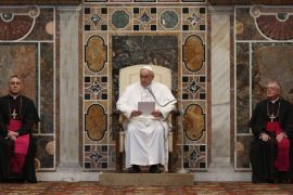 Pope Francis delivers his message during an audience with the diplomatic corps at the Vatican on March 22, 2013. Pope Francis called for the Roman Catholic Church to "intensify" its dialogue with Islam, echoing hopes in the Muslim world for better ties with the Vatican during his reign