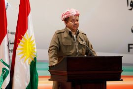 Masoud Barzani, president of Iraq's autonomous Kurdistan region, addresses the opening of a conference on "Recognizing Kurdish Genocide" in Arbil, about 350 km (217 miles) north of Baghdad, March 14, 2013. REUTERS/Thaier al-Sudani (IRAQ - Tags: CIVIL UNREST POLITICS)