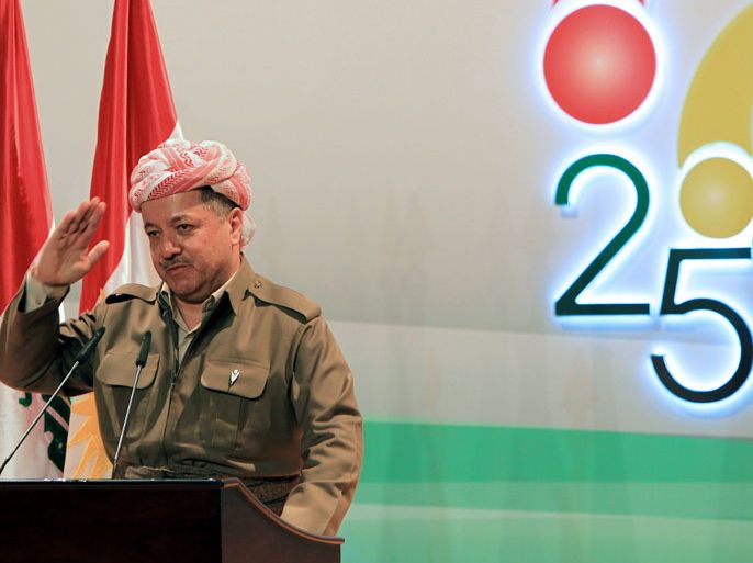 AS074 - Arbil, -, IRAQ : Massoud Barzani, Kurdish regional government's president in northern Iraq, addresses the opening of a conference on "recognizing the Kurdish genocide" in Arbil, about 350 kms north of Baghdad, on March 14, 2013. The conference, attended by Iraqi Foreign Minister Hoshyar Zibari and foreign officials, was held to mark the 25th anniversary of the 1988 chemical gas attack by Saddam Hussein's airforce on the Kurdish town of Halabja in which some 5,000 civilians, mostly women and children, were killed as part of the late dictator's campaign to crush a Kurdish rebellion. AFP PHOTO/ ALI AL-SAADI