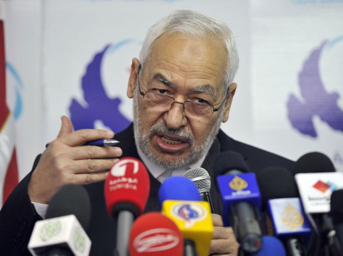 Rached Ghannouchi, leader of the Islamist Ennahda party that heads the new Tunisian government elected in the midst of a political and economic crisis, speaks during a press conference in Tunis on March 15, 2013. AFP PHOTO / FETHI BELAID