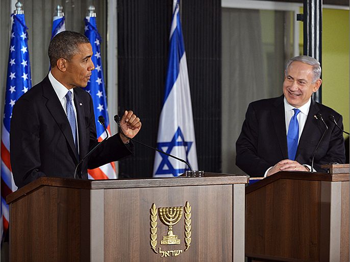 US President Barack Obama (L) speaks during a joint press conference with Israel's Prime Minister Benjamin Netanyahu following a bilateral meeting at the Prime Minister's residence in Jerusalem on March 20, 2013. Obama landed in Israel for the first time as US president, on a mission to ease past tensions with his hosts and hoping to paper over differences on handling Iran's nuclear threat. AFP PHOTO/MANDEL NGAN
